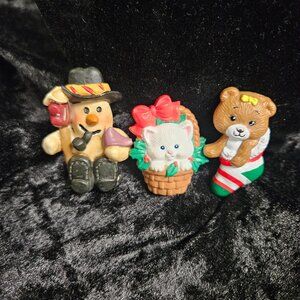 3 Christmas pins - Snowman, Teddy in stocking, Kitty in basket - all plastic